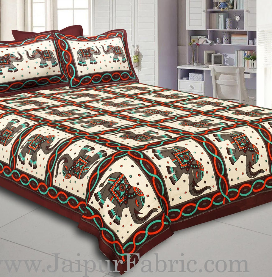 Dark Coffee Border Elephant Design Pure Cotton Double Bedsheet With Pillow Cover