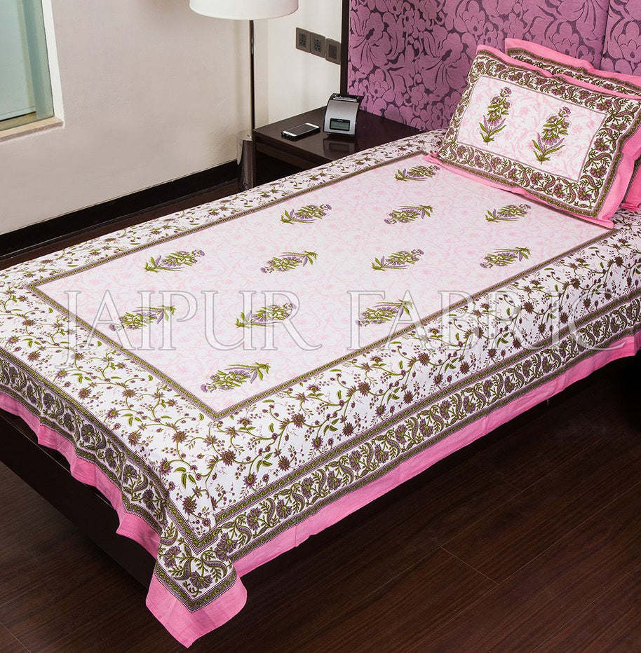 Pink Floral Print Cotton Single Bed Sheet