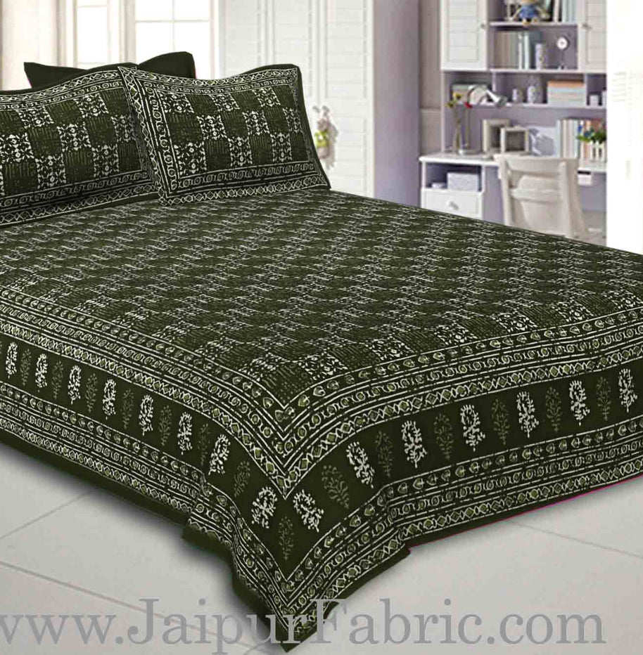 Double Bedsheet Green Border Small Leaf Print With Two Pillow Cover