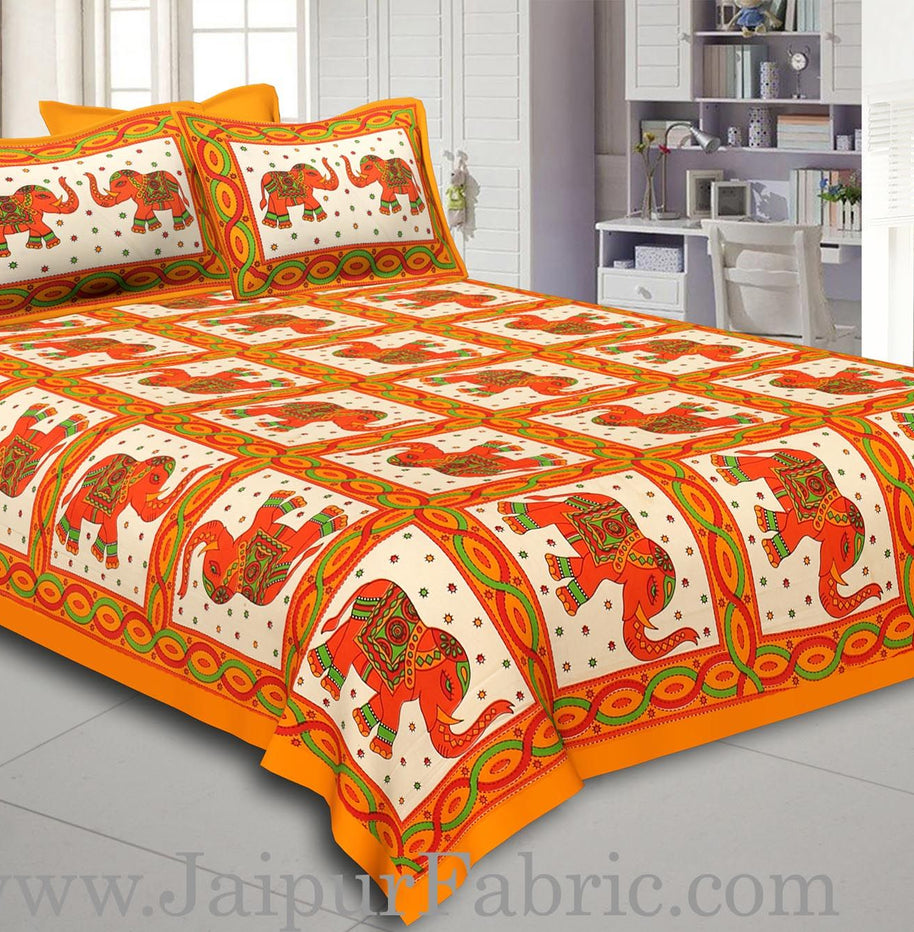 Yellow Border Elephant Design Pure Cotton Double Bedsheet With Pillow Cover