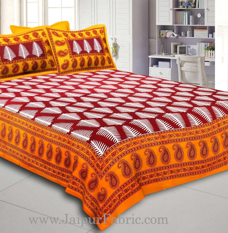 Yellow Border  Maroon Base White Large Leaf  Cotton Double Bed Sheet