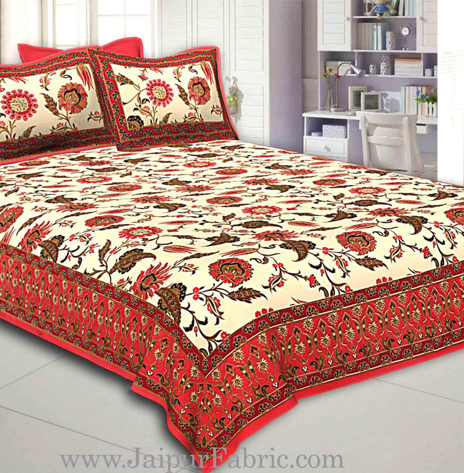 Red Border Multi Floral Golden Print Fine Cotton Double Bedsheet With Two Pillow