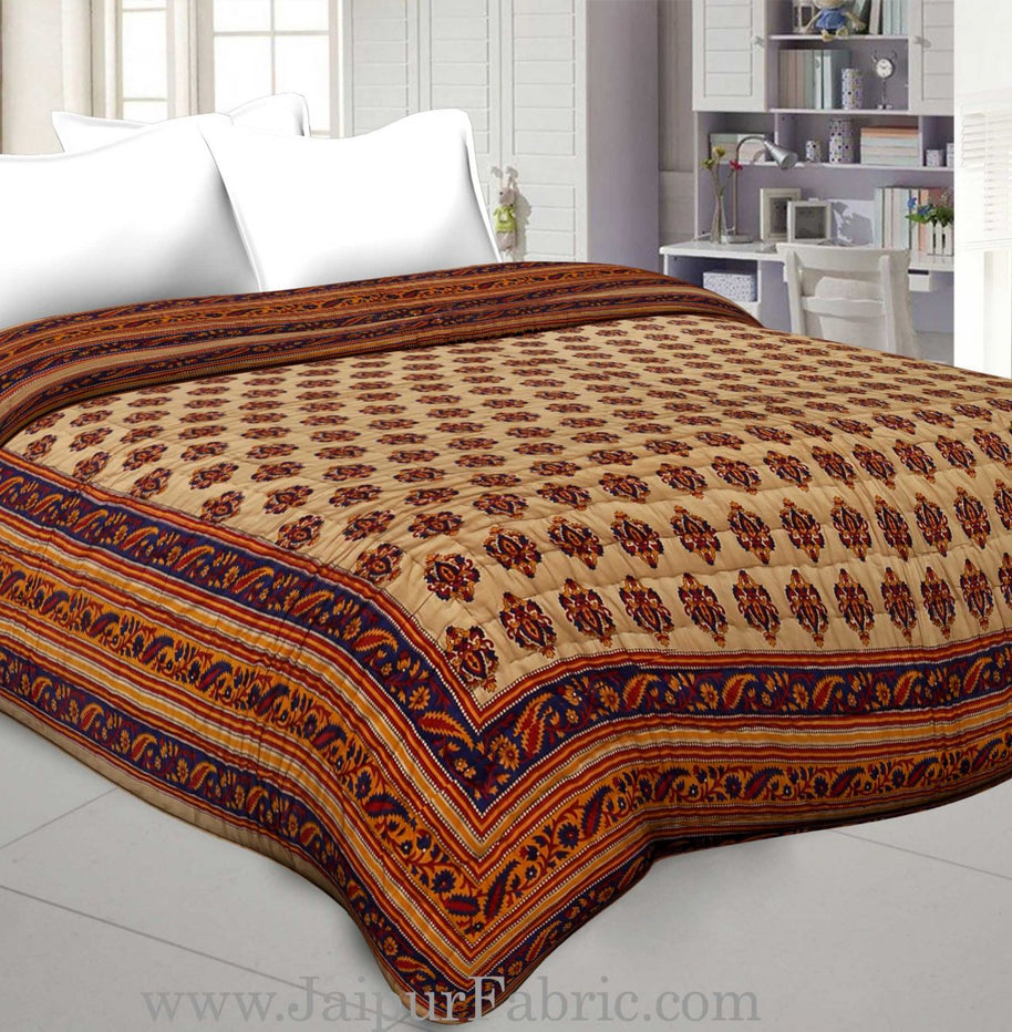 Navy Blue And Light Brown Base   Bel Boota Print Both Side Printed Cotton Double Quilt