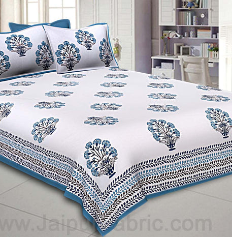 Double bedsheet Carolina Blue Flower Bunch Hand Block  Print