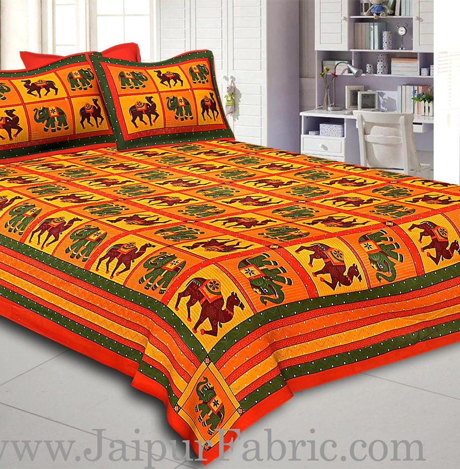 Orange  Lining And Dotted Border Camel And Elephant Print In Square Pattern Cotton Double Bed Sheet