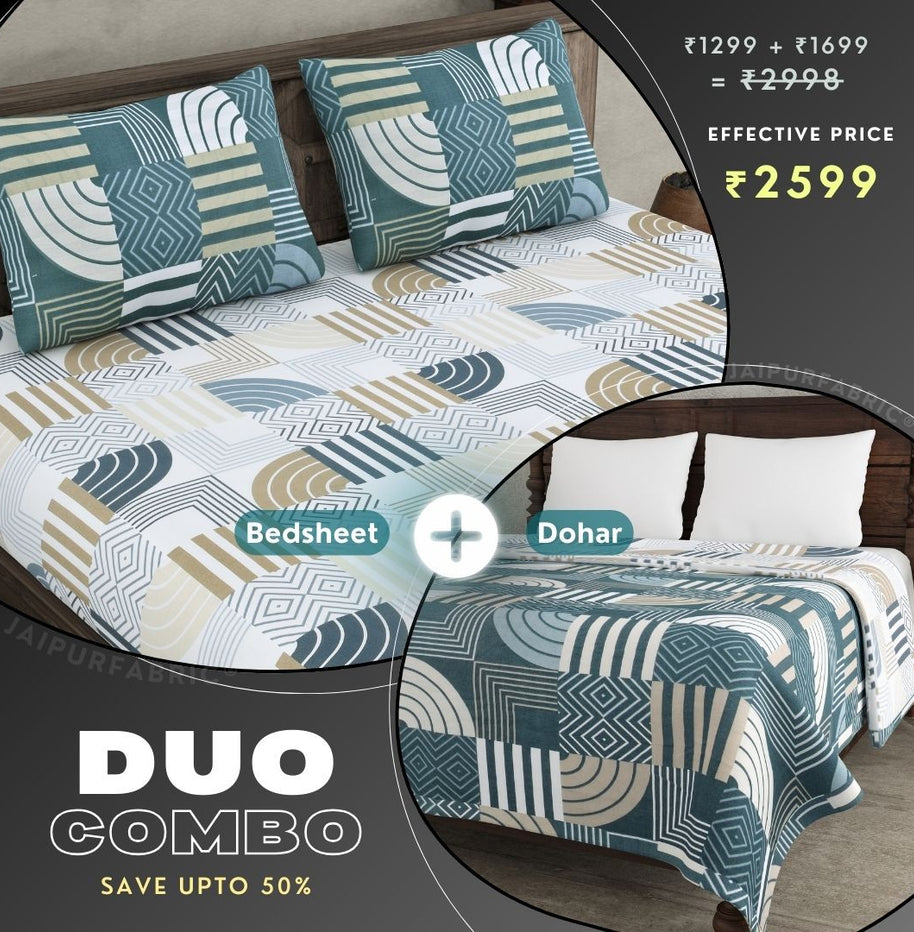 Geometric Maze Teal and Off White Dohar and Bedsheet Combo