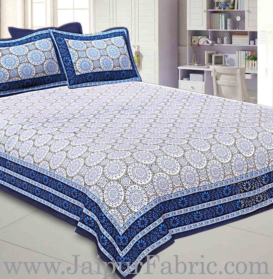 Double Bedsheet Navy Blue Border Small Rangoli Print With Two Pillow Cover