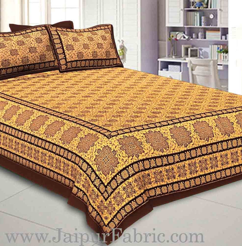 Double Bed Sheet Dark Brown Border Hand Block Floral Bagru Print Cotton Double Bed Sheet