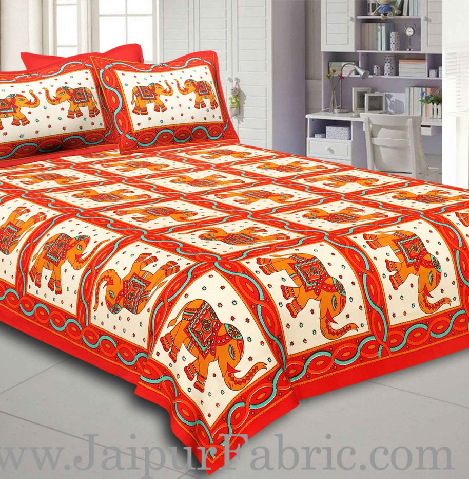 Maroon Border Elephant Design Pure Cotton Double Bedsheet With Pillow Cover