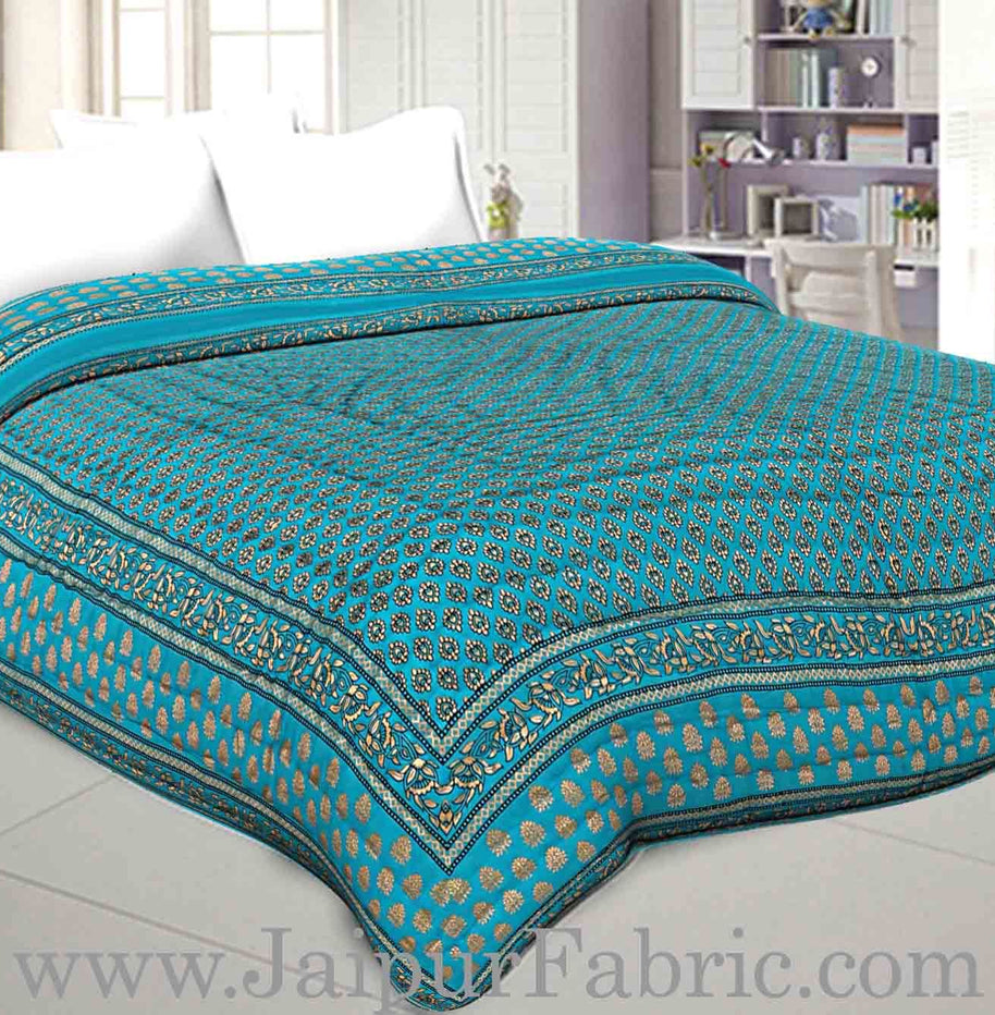 Jaipuri Double Quilt/Razai Turquoise Color Golden Print