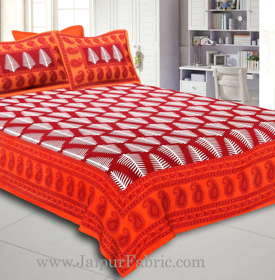 Orange Border  Maroon Base White Large Leaf  Cotton Double Bed Sheet