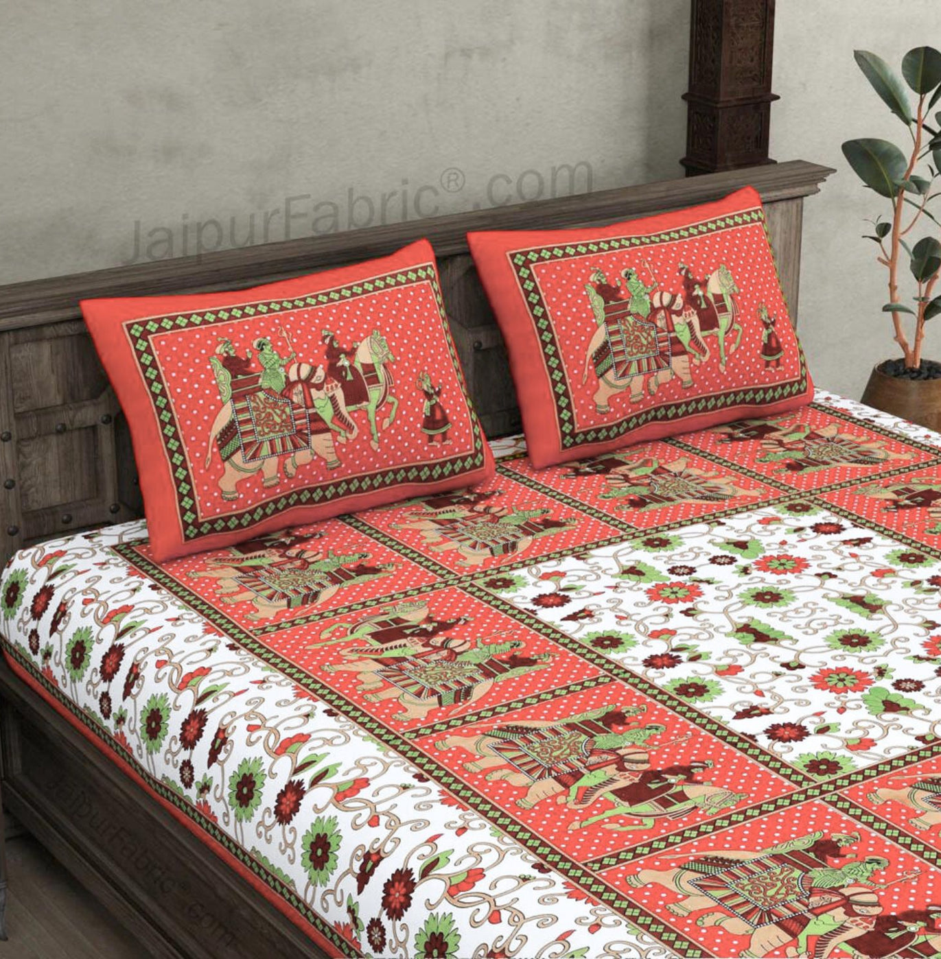 Maroon Border Big Elephant Printed Cotton Double Bed Sheet