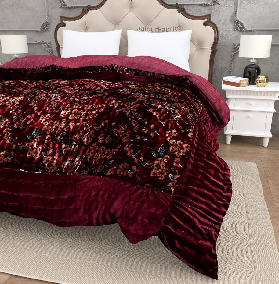 Velvet Cloth Double Bed Quilt Jaipuri Razai Dark Maroon Shaneel Rajai by Jaipur Fabric