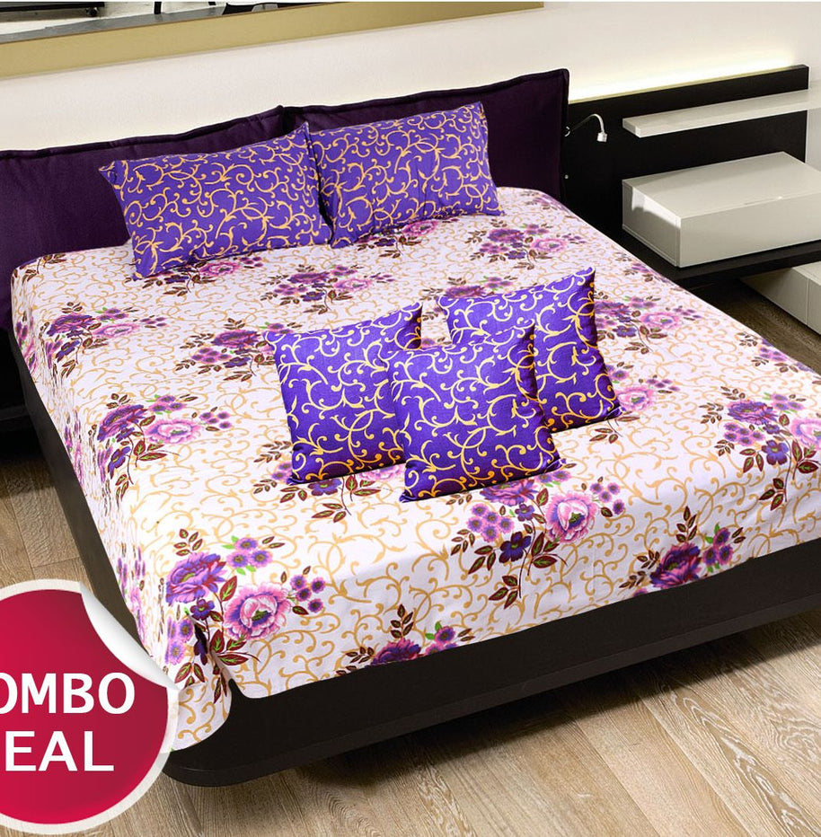 COMBO14 - Set Of Double Bed Sheet and 3 Cushion Covers