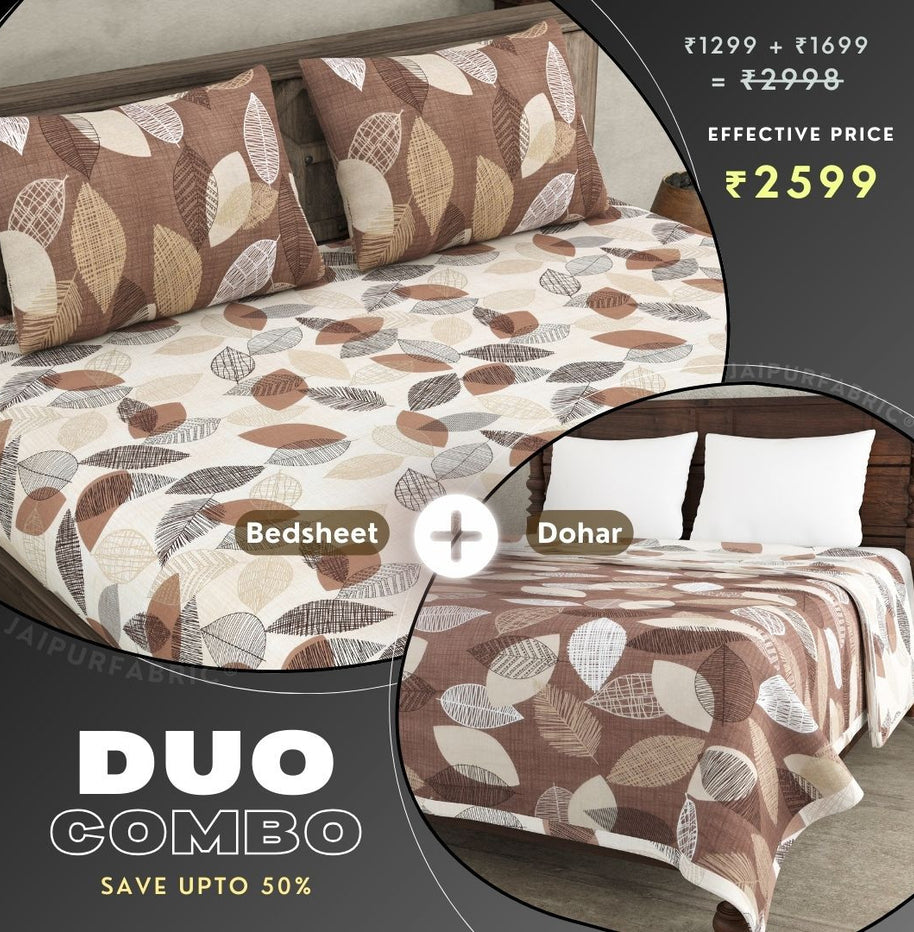 Autumn Fall Brown and Off White Dohar and Bedsheet Combo