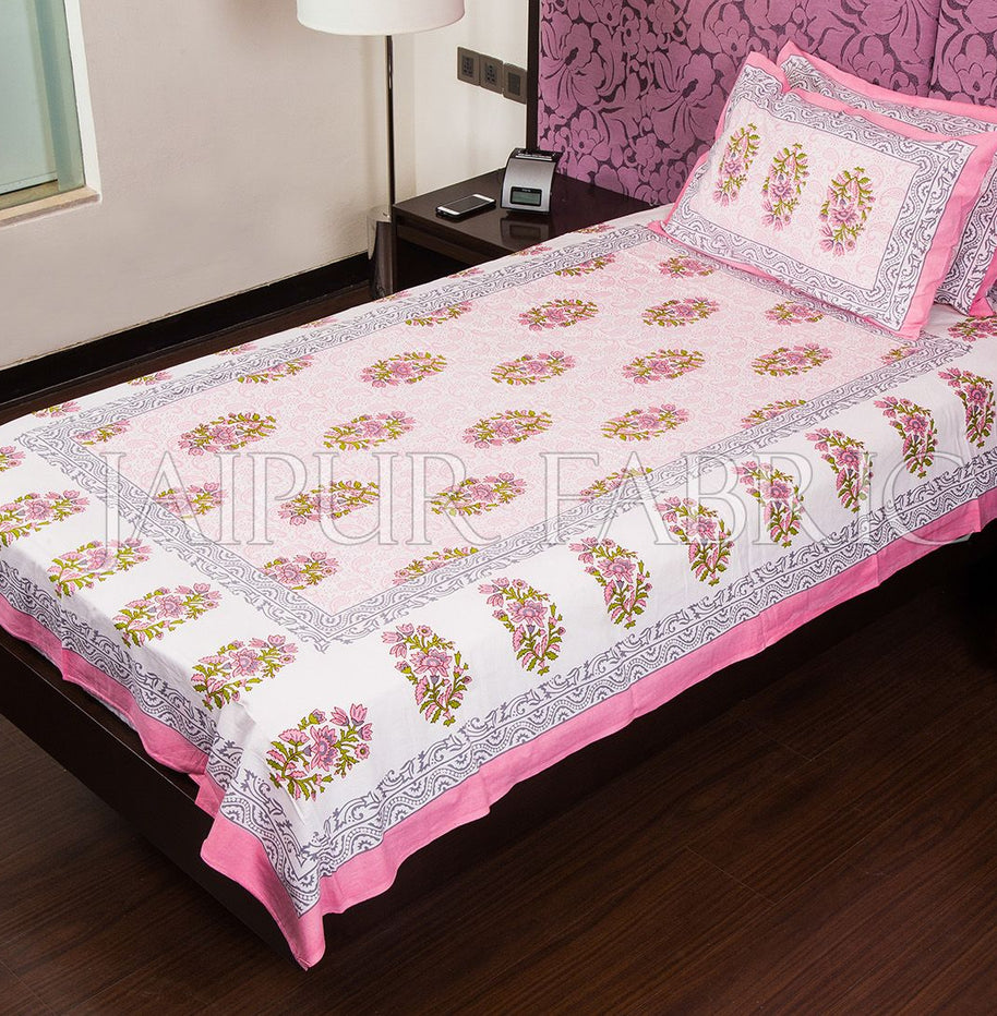 White Base Pink Floral Print Cotton Single Bed Sheet