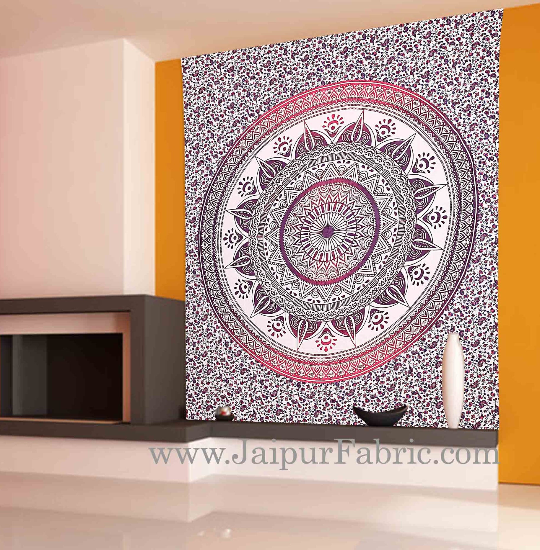 Purple Mandala Tapestry with white hippie indian traditional wall hanging and beach throw