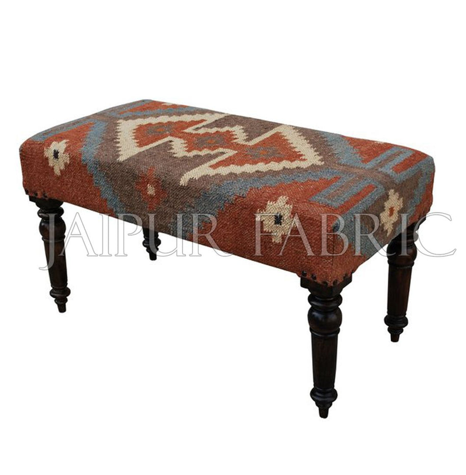 Wooden Folding Bench Upholstered with Wool and Jute Kilim Woven