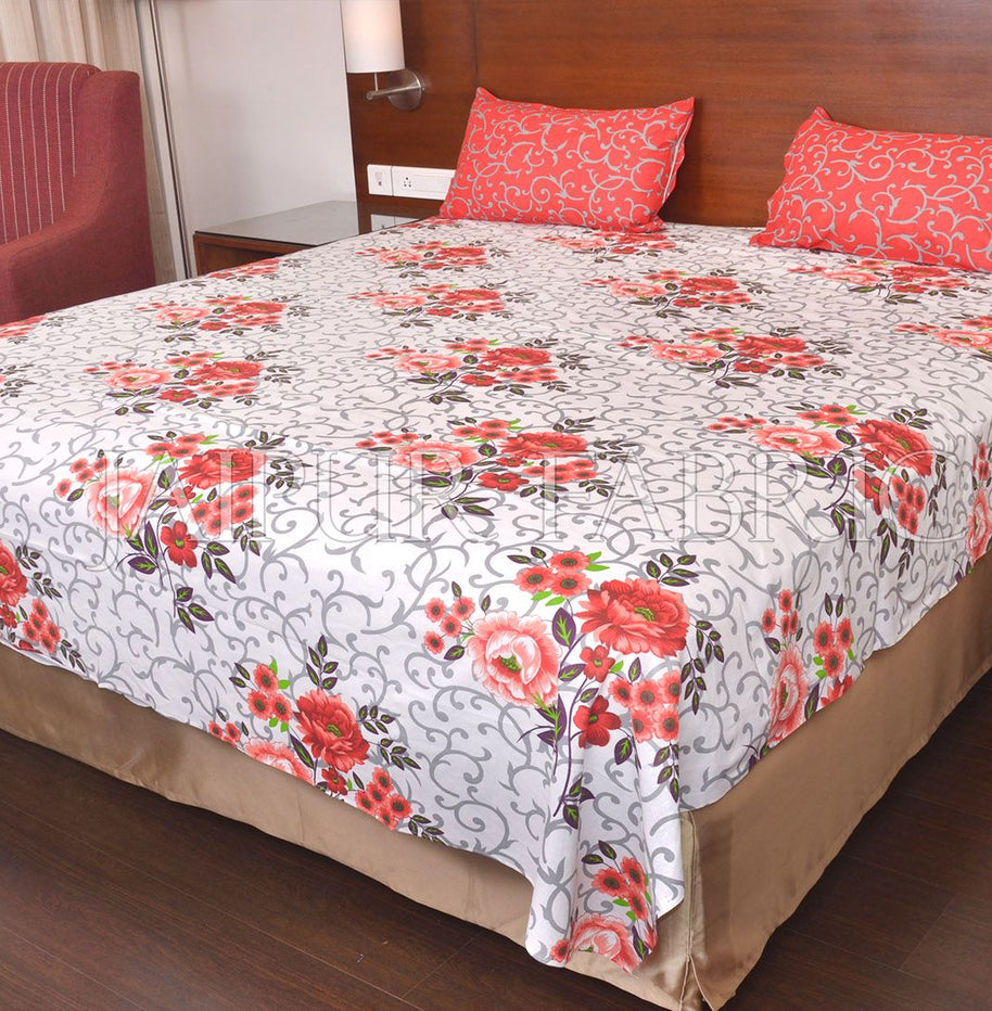 Red Leaf Print Cotton Double Bed Sheet