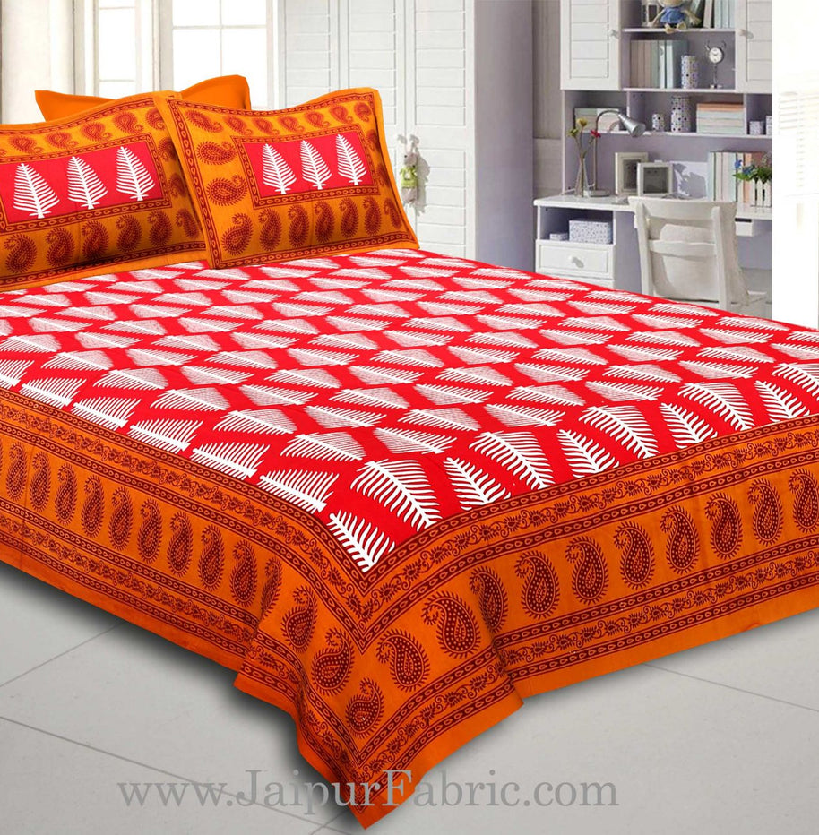 Brown Border  Red Base White Large Leaf  Cotton Double Bed Sheet