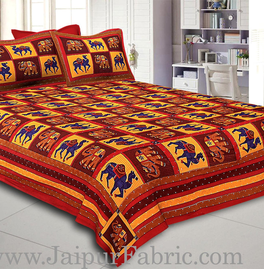 Maroon Lining And Dotted Border Camel And Elephant Print In Square Pattern Cotton Double Bed Sheet