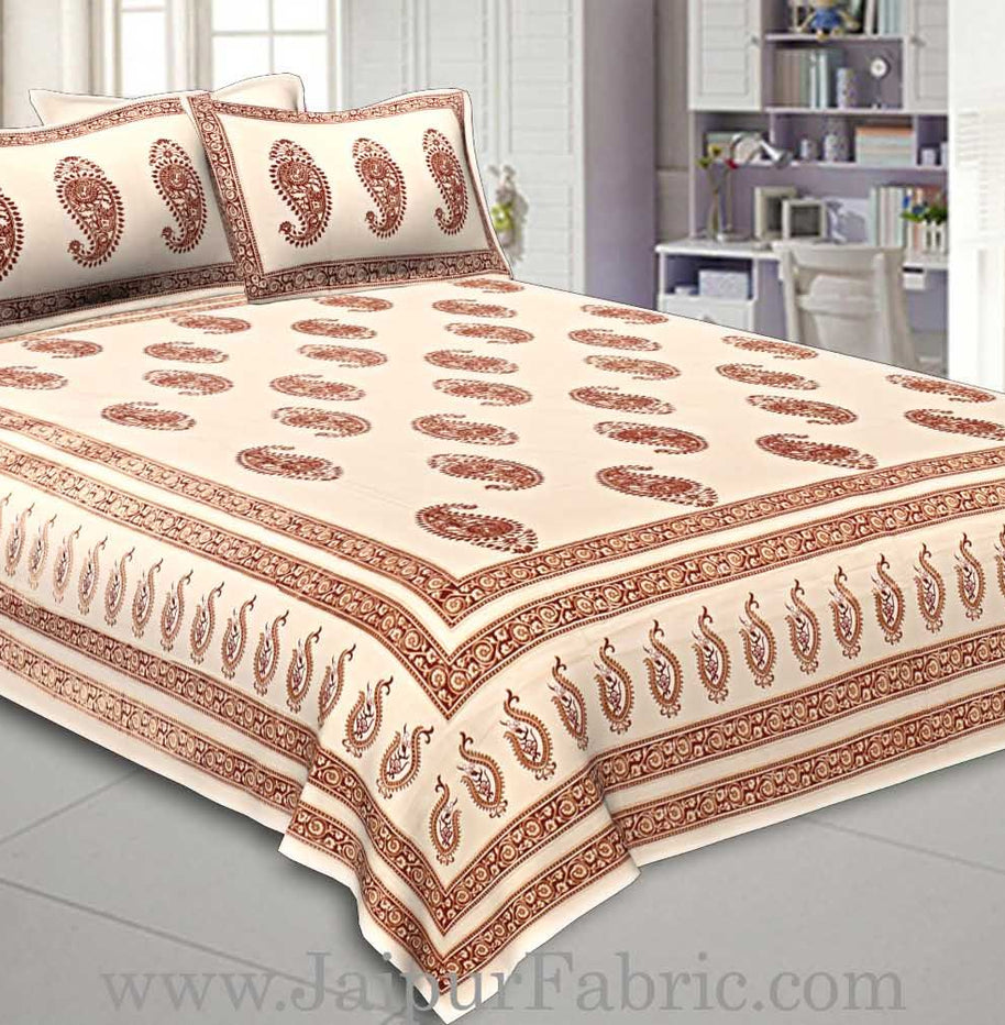 Double Cotton Bed Sheet  Cream  Base With Golden hand Block Paisley  Print