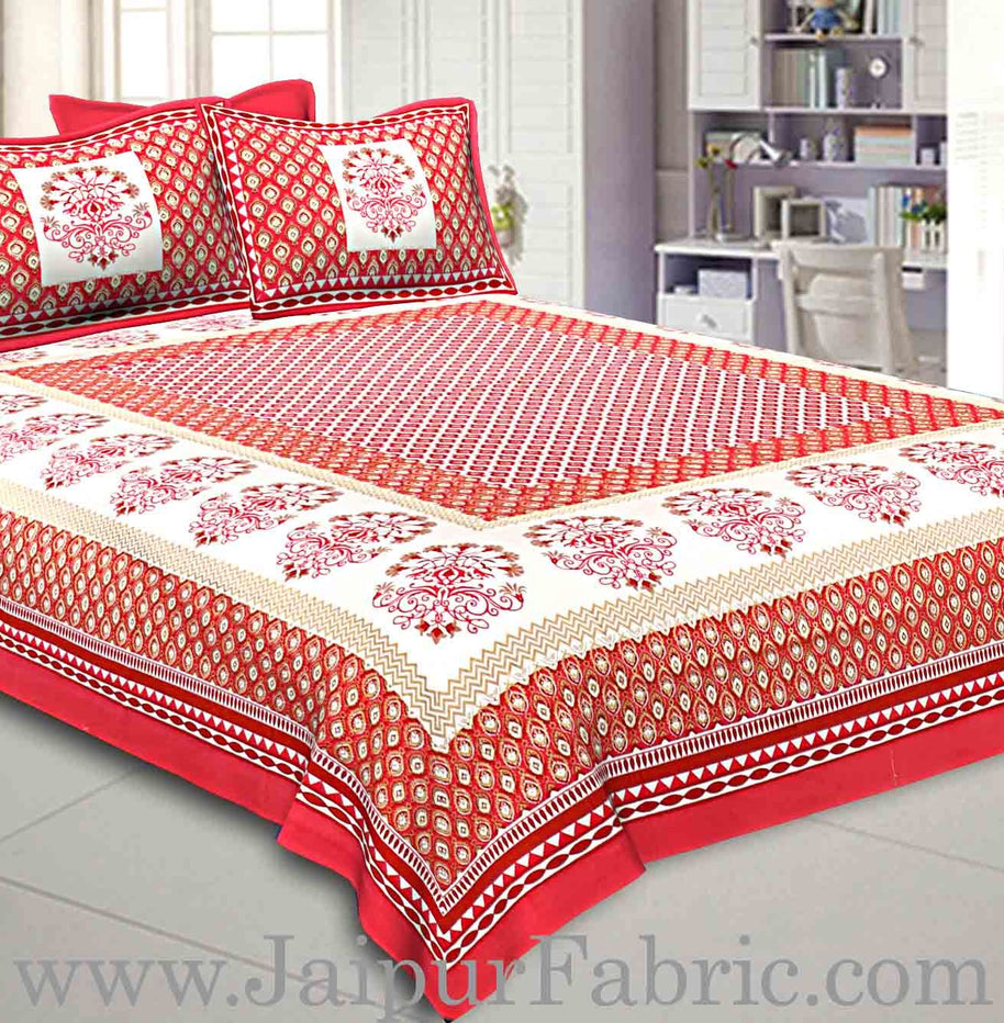 Double Bedsheet Crimson Red Geometric Floral Gold Print With 2 Pillow Covers