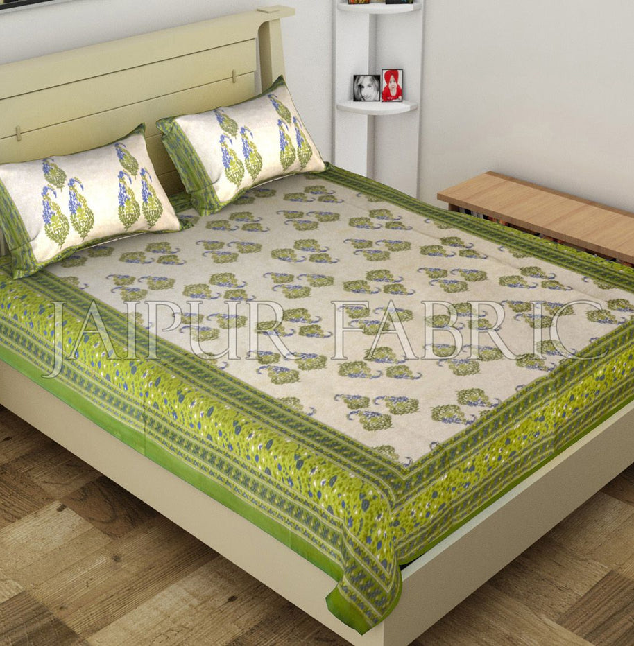 Green Border Boteh Printed Cotton Single Bed Sheet