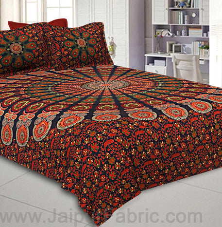 Red Mandala Bedsheet Tapestry Floral Print With 2 Pillow Covers