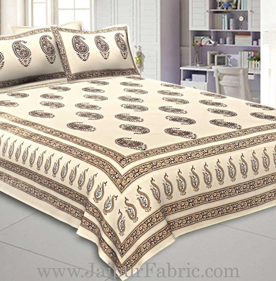 Double Cotton Bed Sheet  Cream  Base With Golden hand Block Paisley  Print