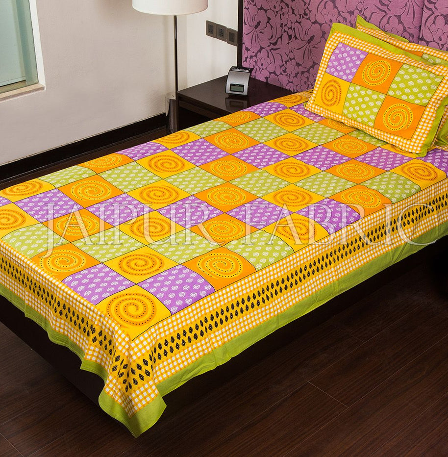 Green Base Yellow Rangoli Print Cotton Single Bed Sheet