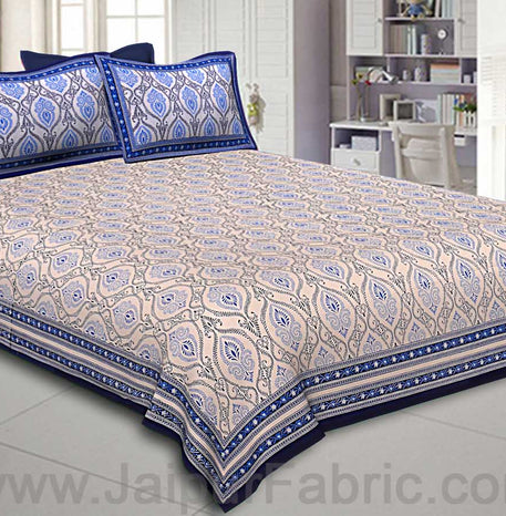 Double Bedsheet Rangoli Print Blue Border Fine Cotton