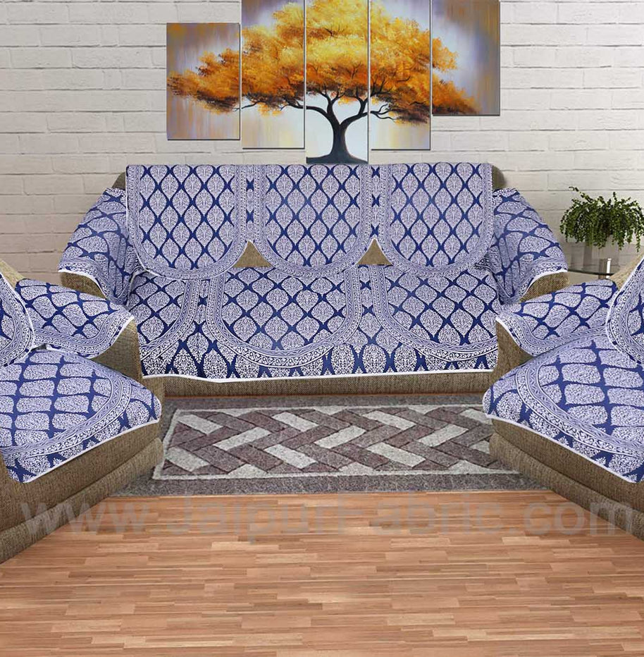 Navy Blue Superfine Cotton Block Print Sofa Set Cover