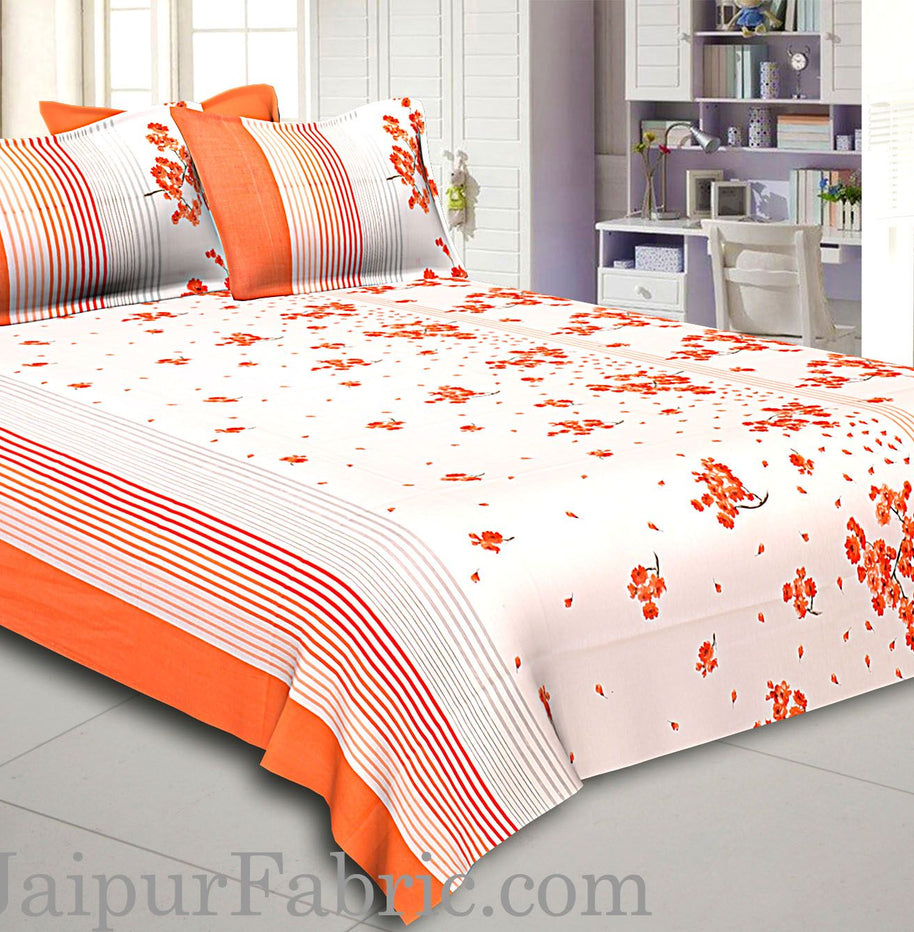 Orange and Black Stripes Floral Print Cotton Double Bed Sheet