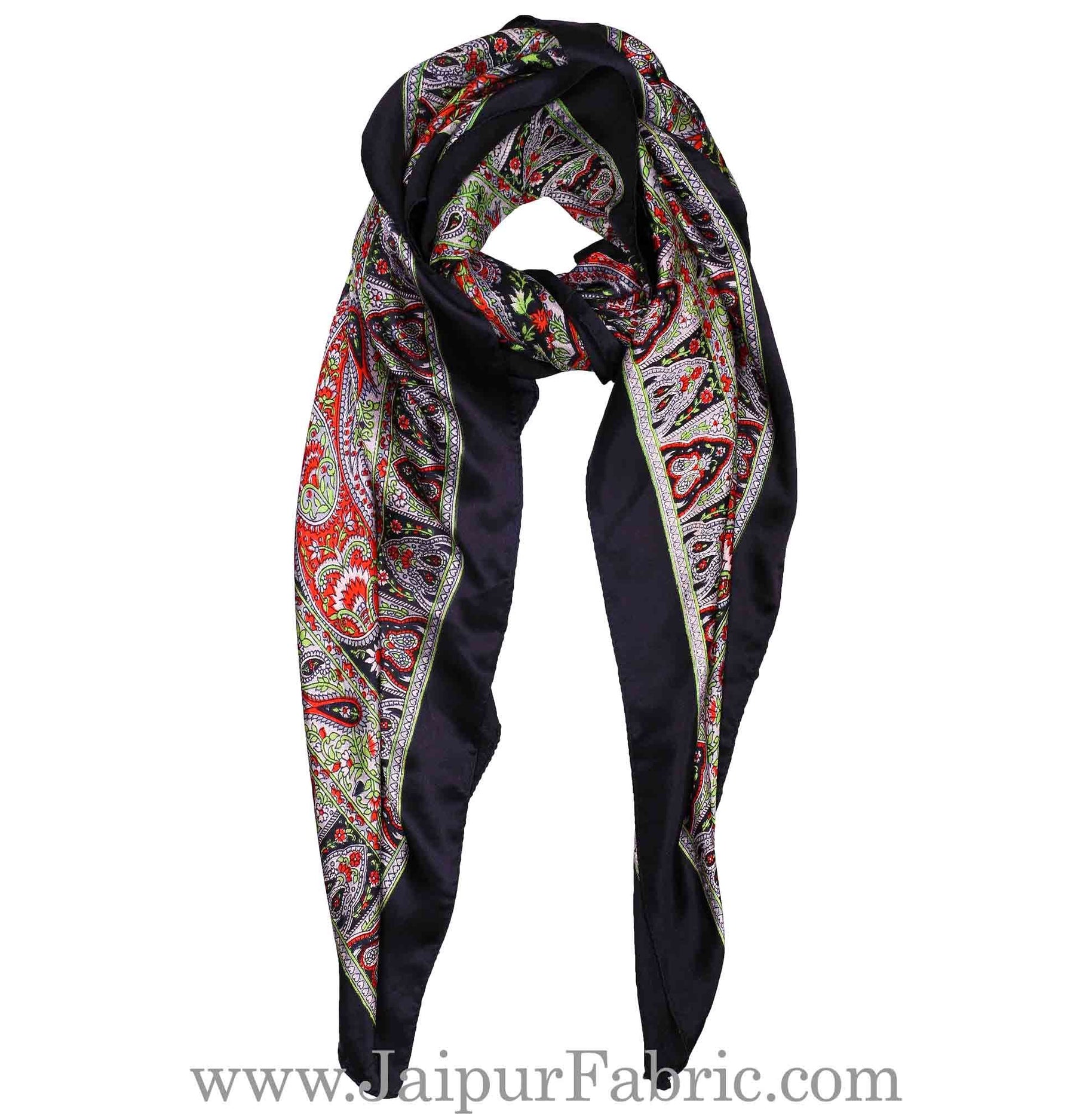 Silk Scarf Black Border Big Leaf Pattern