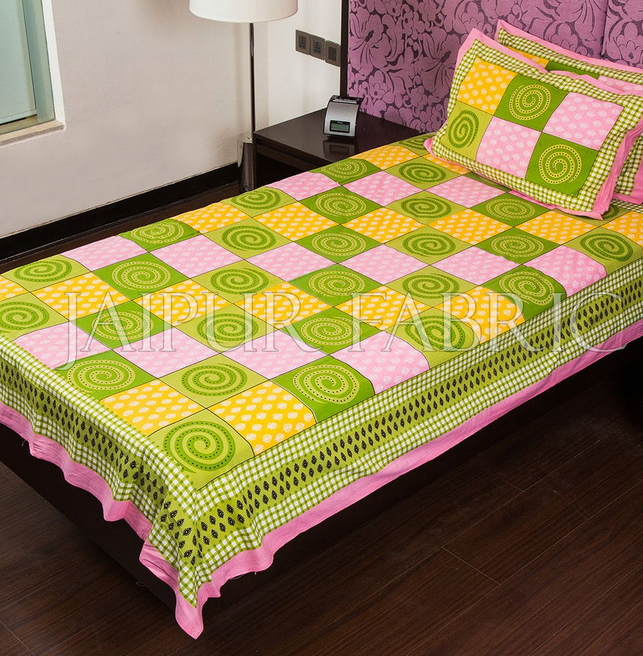 Pink Base Green Rangoli Print Cotton Single Bed Sheet