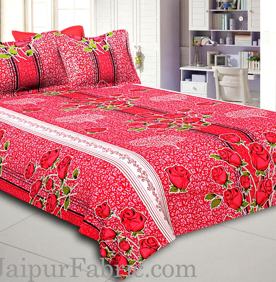 Red Base Flower Print White Border Double Bed Sheet