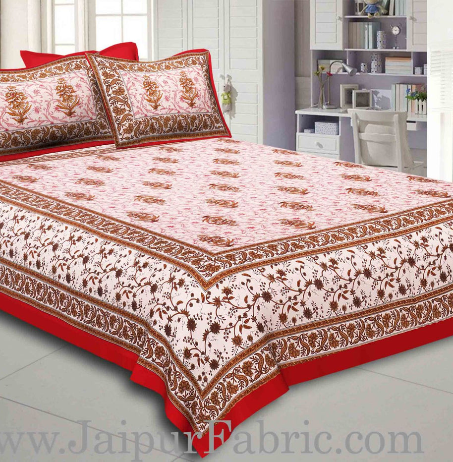 Maroon Border With Cream Base With  Small Mughal Print Cotton Double Bedsheet With Pillow Cover