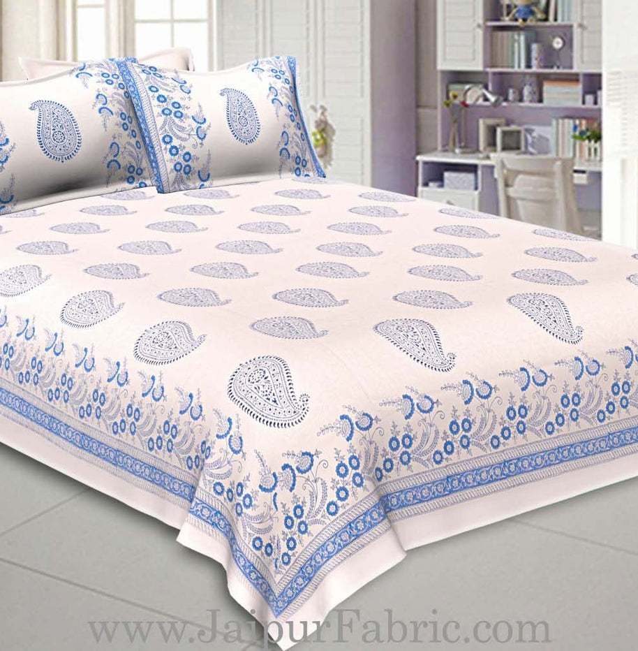 Double Bed Sheet White Base With Kadi Print Blue Rajasthani Buta Hand Block Print Super Fine  Cotton