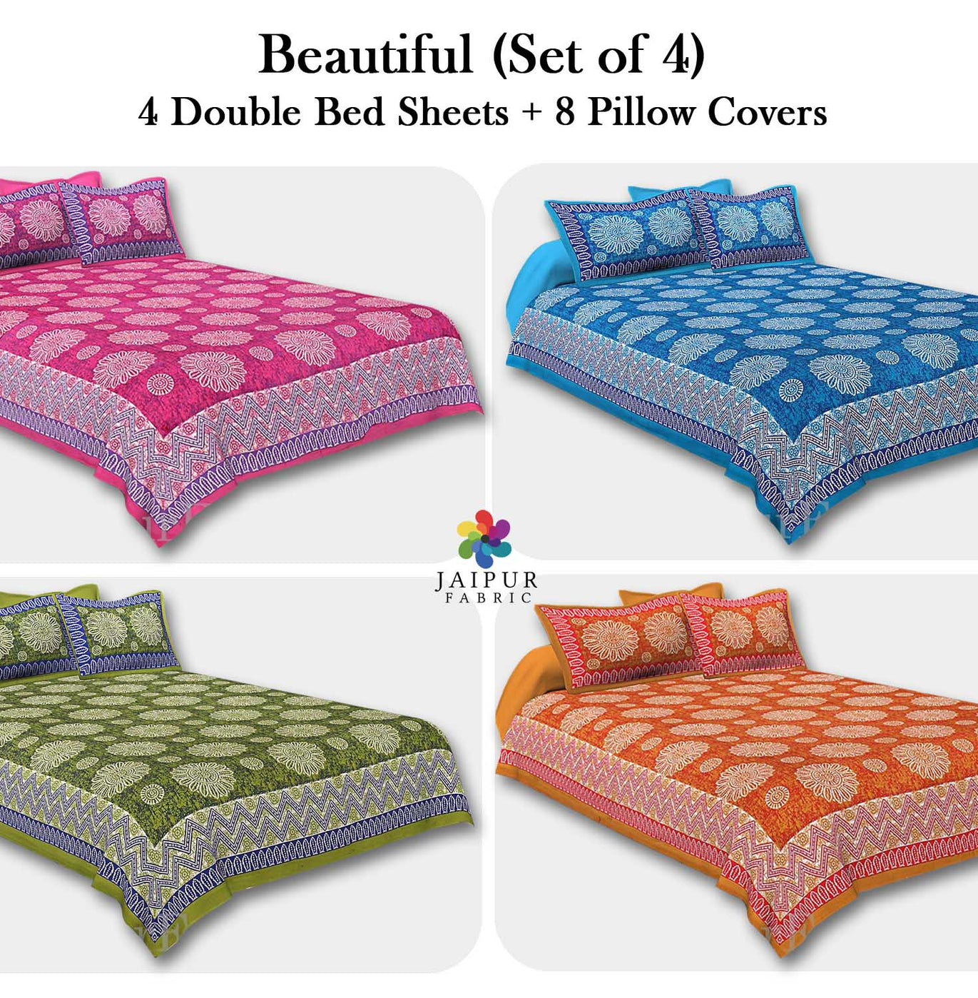 COMBO102 Beautiful Multicolor 4 Bedsheet + 8 Pillow Cover