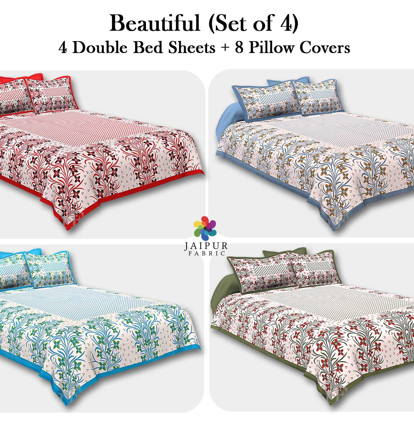 COMBO103 Beautiful Multicolor 4 Bedsheet + 8 Pillow Cover