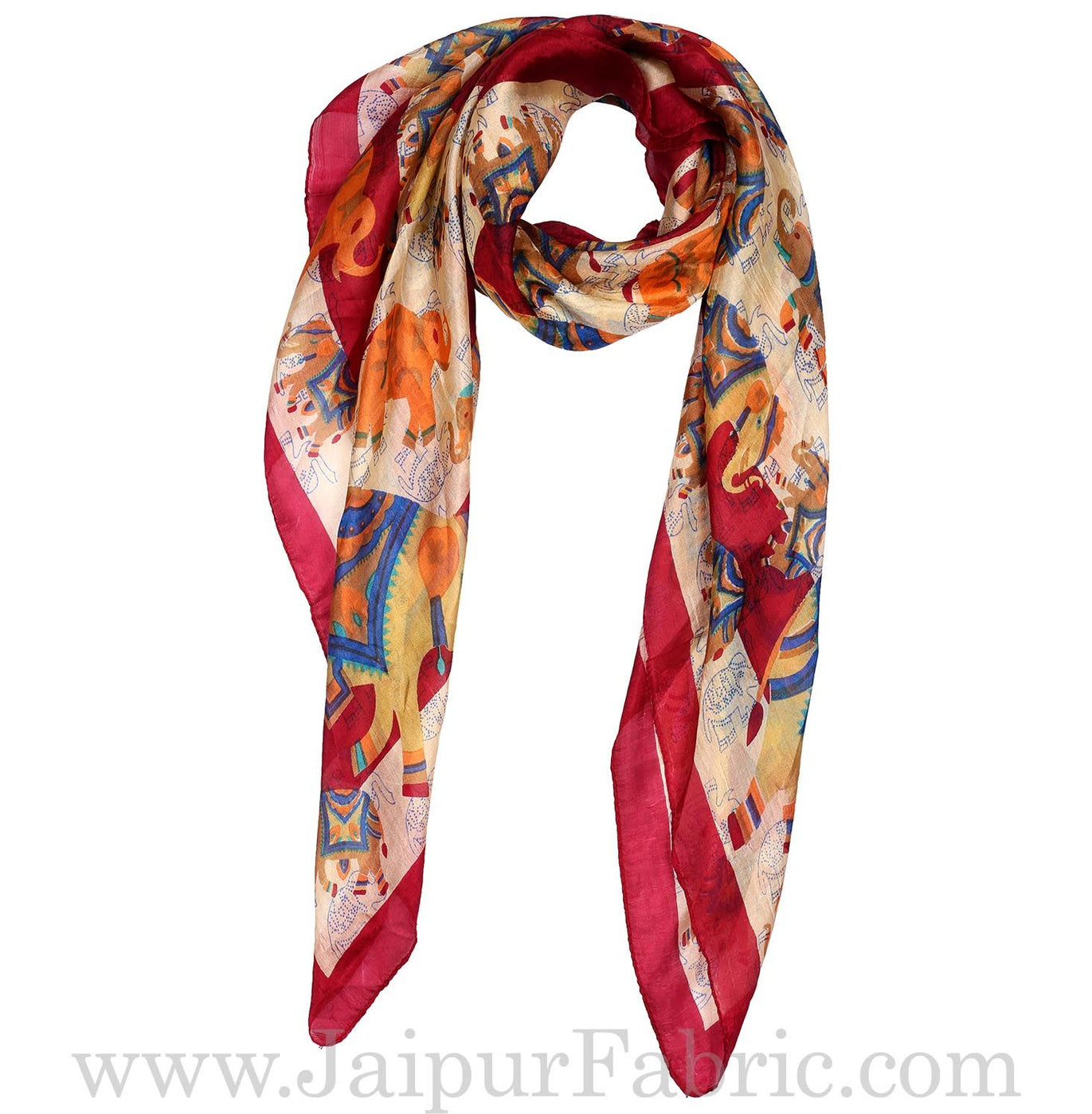 Silk Scarf Red Border Elephant Print