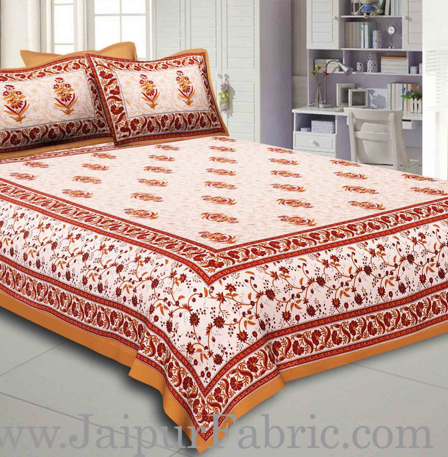 Brown Border With Cream Base With  Small Mughal Print Cotton Double Bedsheet With Pillow Cover