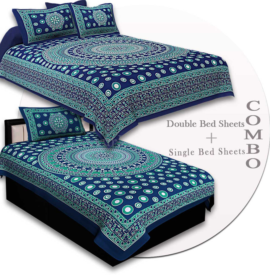 COMBO84- Set of 1 Double Bedsheet and  1 Single Bedsheet With  2+1 Pillow Cover