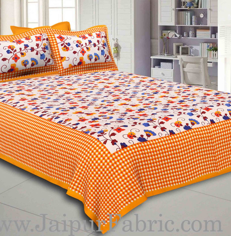 Yellow Border jaipuri design floral print Cotton Double Bedsheet with Pillow Cover