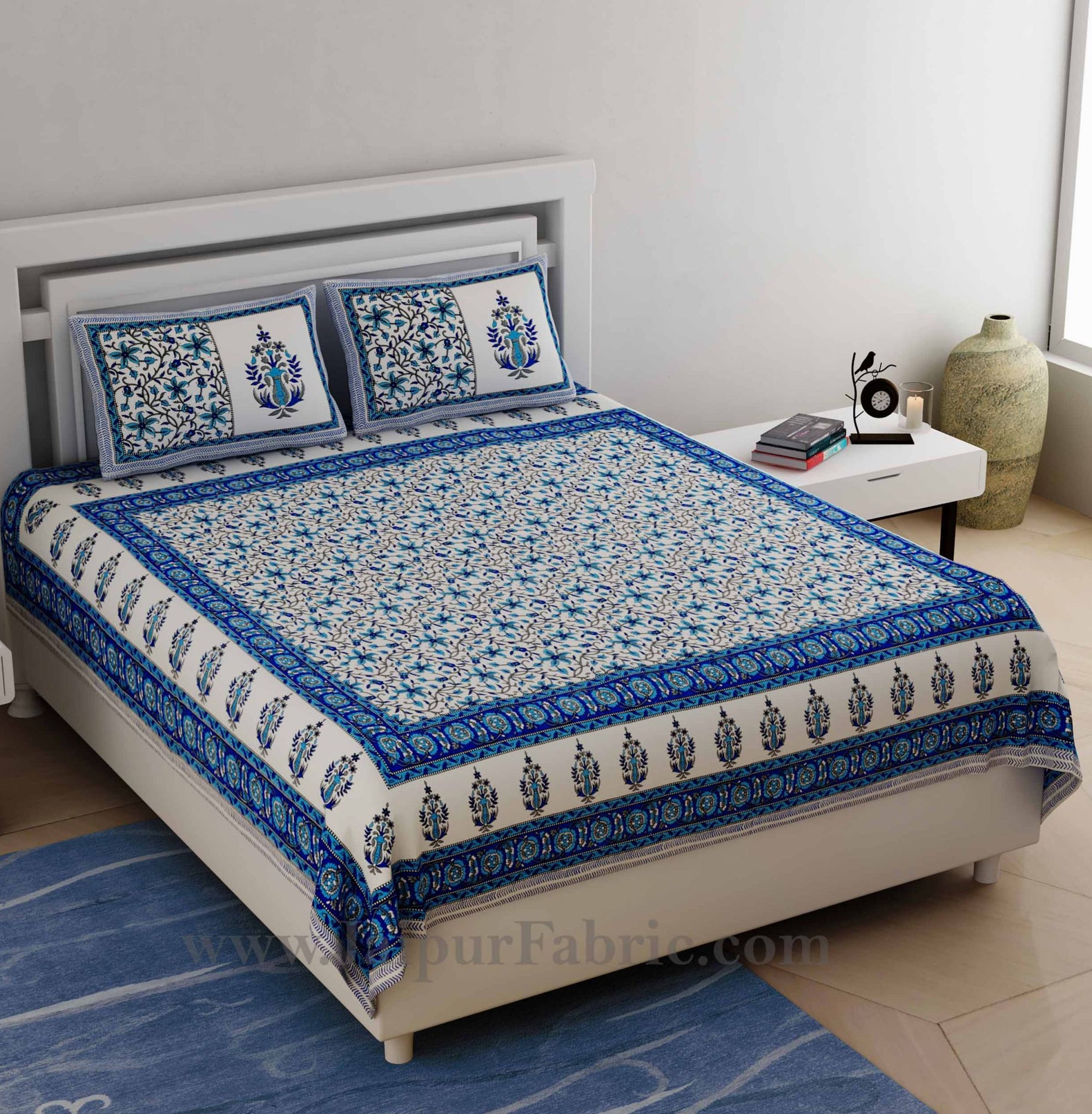 Ethnic Blue Double Bedsheet Jaal Print