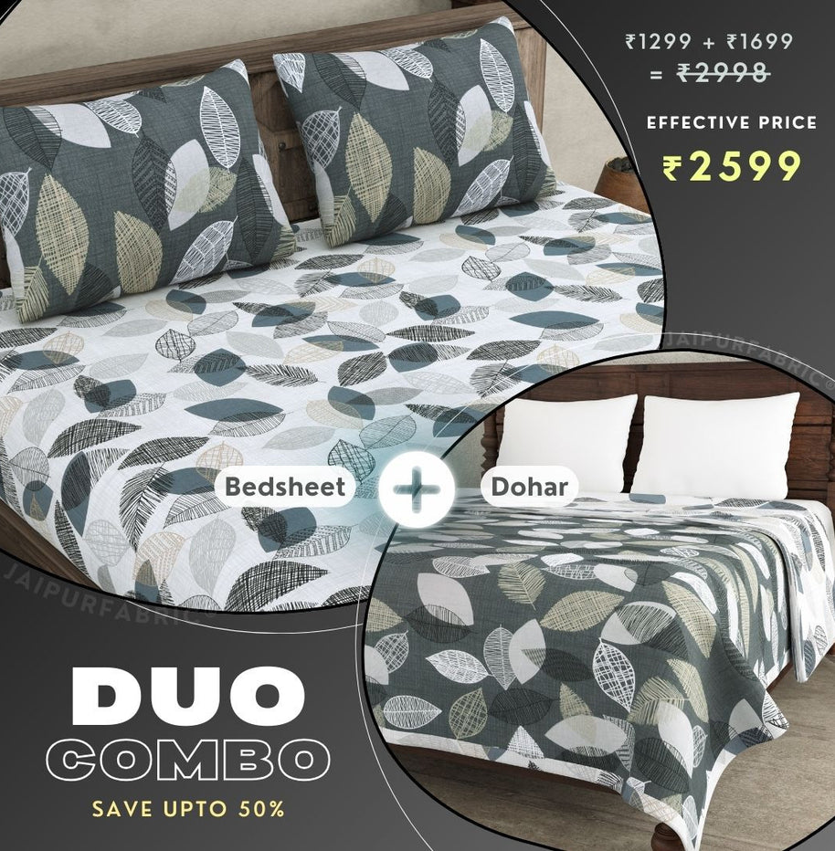 Autumn Fall Grey and Off White Dohar and Bedsheet Combo