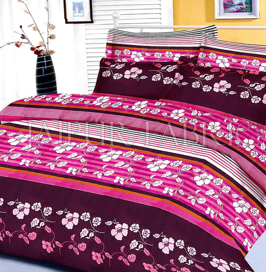 Pink and Black Slanting Stripe and Floral Print King Size Cotton Bed Sheet