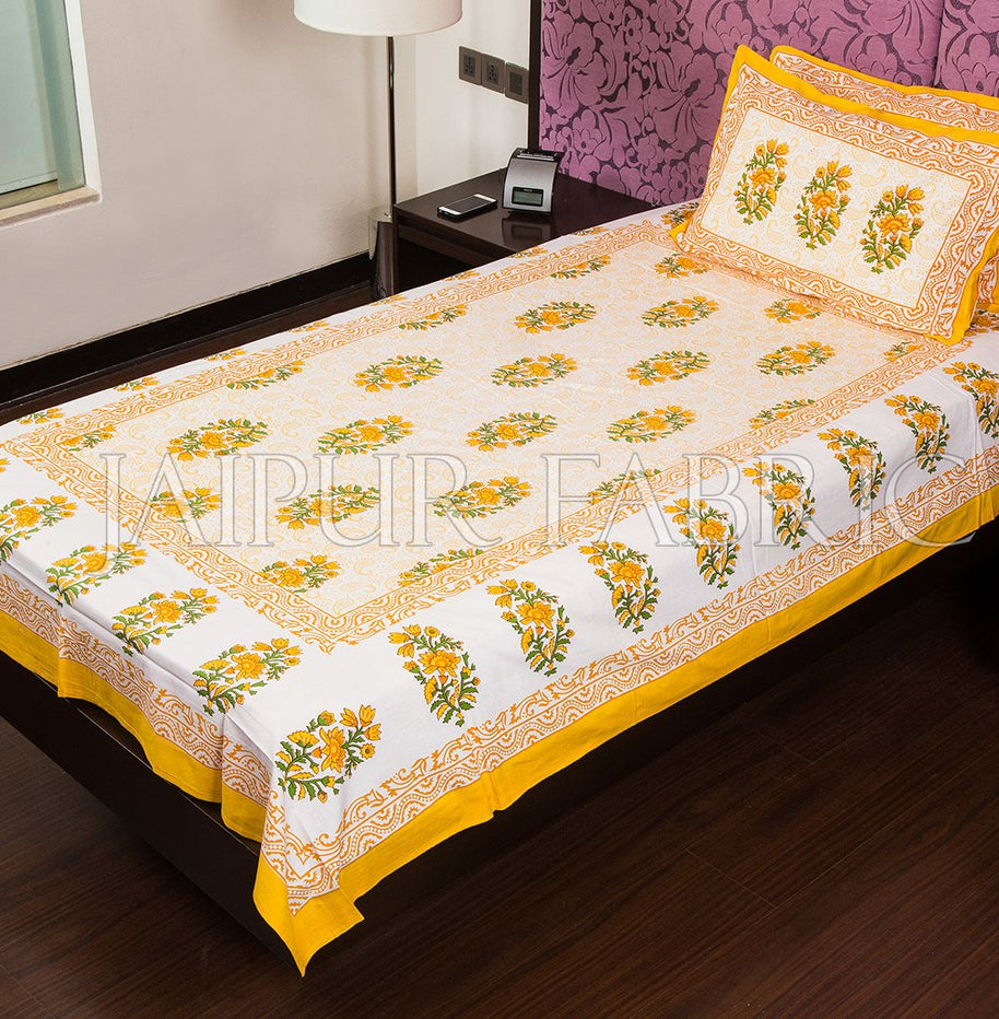 White Base  Yellow Print Cotton Single Bed Sheet