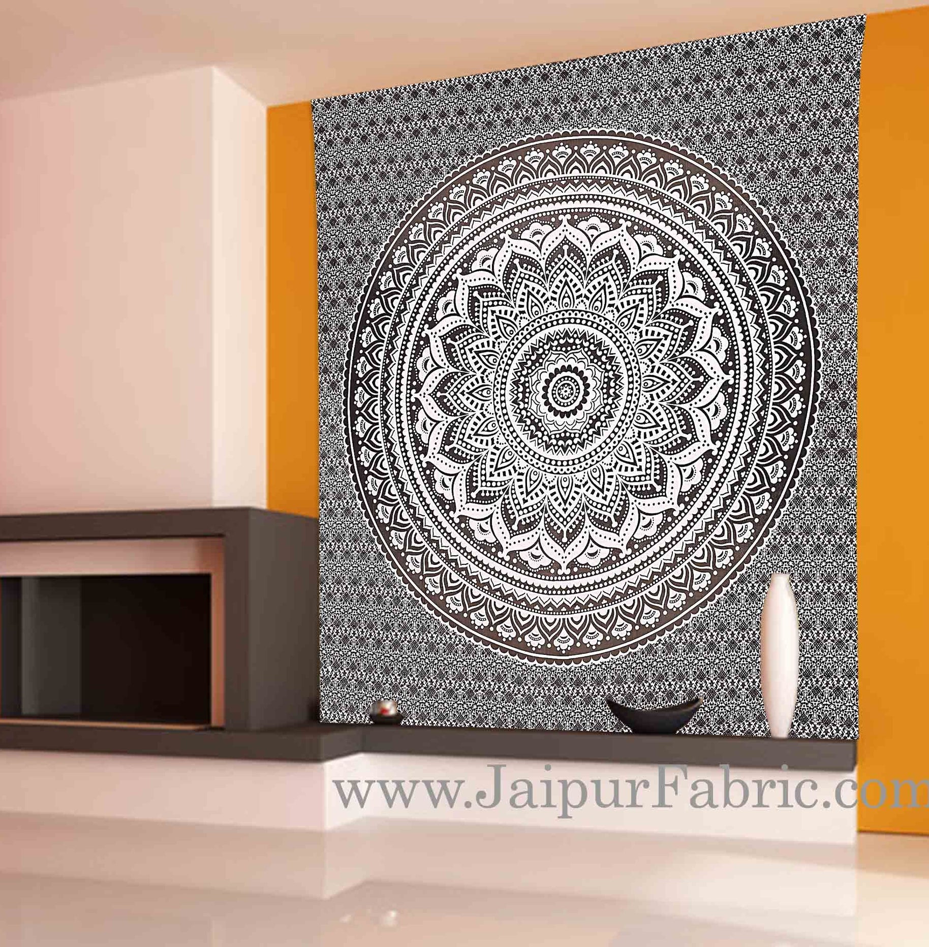 Ash Black Tapestry with broad Mandala design wall hanging and beach throw